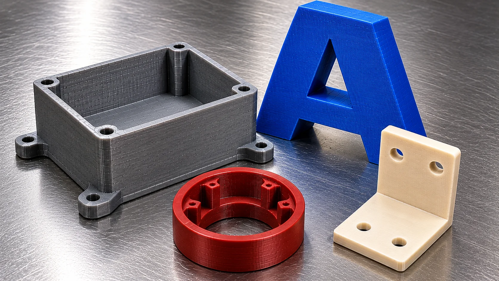 Exemples de pièces réalisées en impression 3D : boîtier technique, équerre, adaptateur et création personnalisée